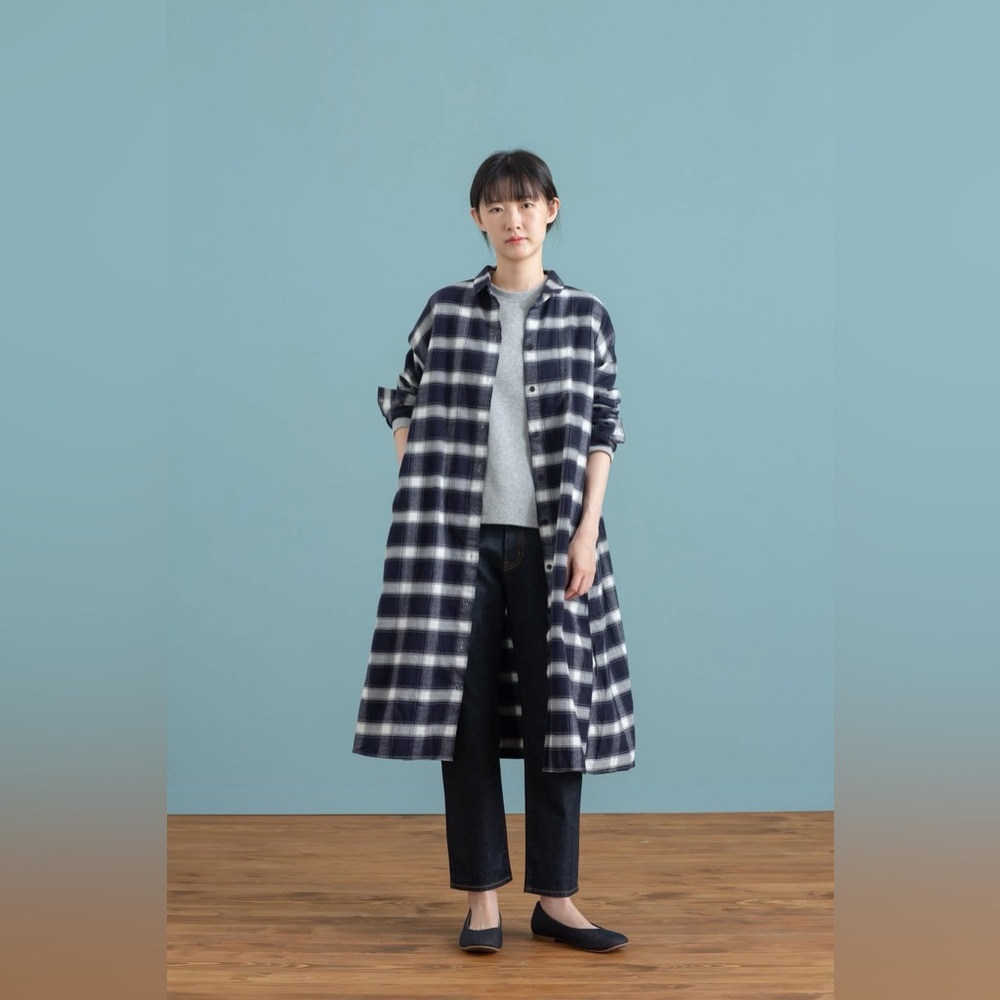 Muji Navy and White Plaid Long Shirt Dress
